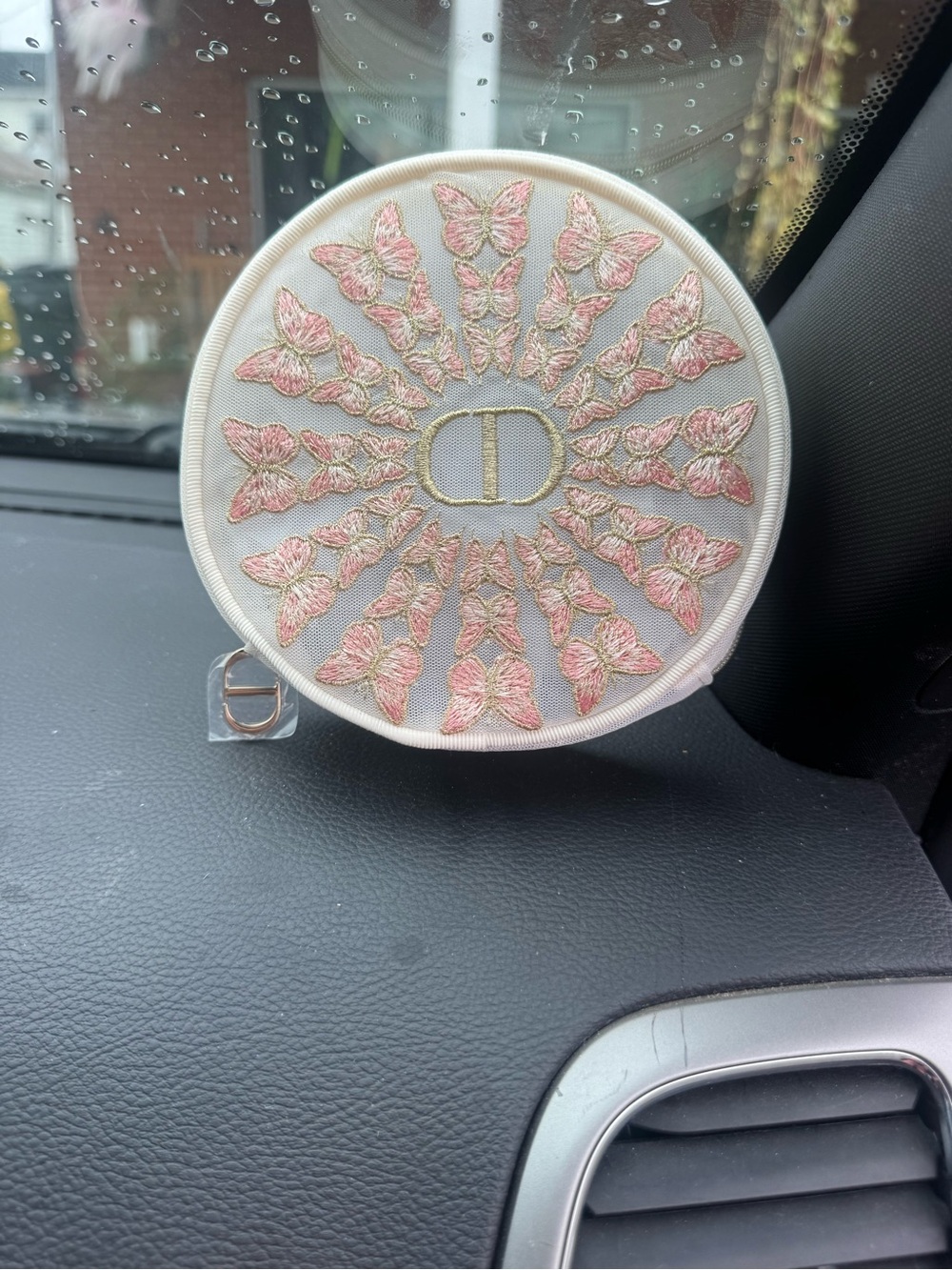 Dior Round Butterfly Embroidered Pouch in Pink & Cream